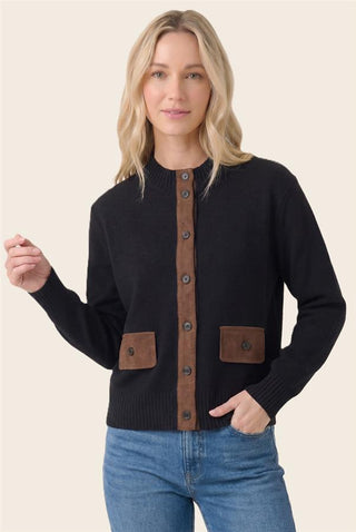 The Black Suede Trim Long Sleeve Sweater Jacket with contrast suede accents