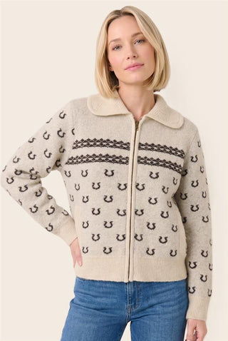 The Oatmeal Western Horseshoe Zip Sweater Jacket with jacquard knit and collar