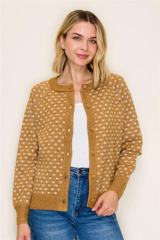 Snowflake Jacquard Button-Down Sweater Cardigan in camel