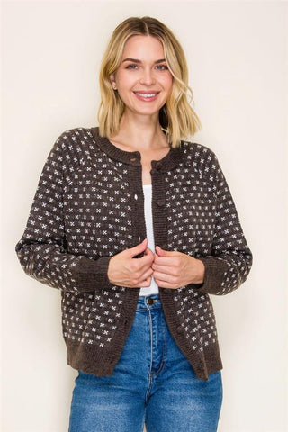 Snowflake Jacquard Button-Down Sweater Cardigan in chocolate