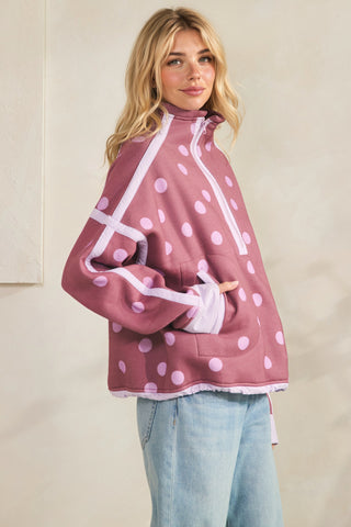 Polka Dot Contrast Half-Zip Pullover w/Pockets