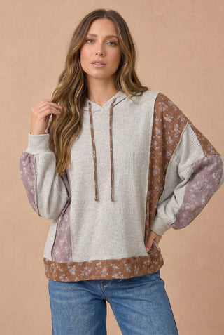 Curvy Floral Color Block Bubble Sleeve Hoodie