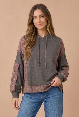 Curvy Bubble Sleeve Floral Hoodie Top