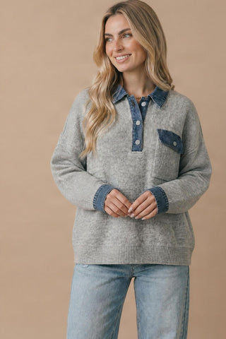 Curvy Polo Denim Collar Oversized Knit Top
