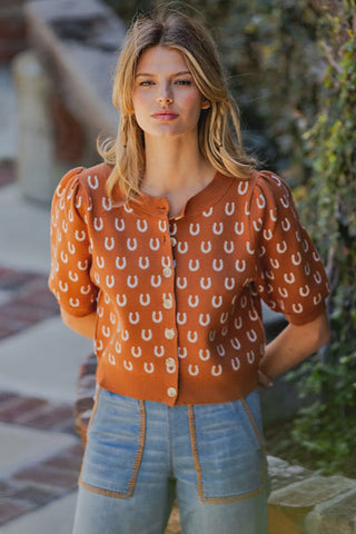 Camel Horseshoe Pattern SS Cardigan
