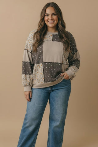 Curvy Mixed Print Patchwork Pullover