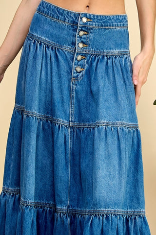 Front Button 3 Tiered Denim Skirt