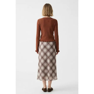 Plaid Chiffon Midi Skirt in Taupe/Choco Plaid