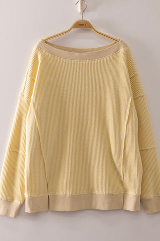 Butter Yellow Boat Neck Drop Shoulder Waffle Knit Top