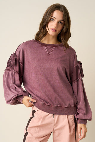 Plum Bow Broderie Applique Mineral Wash Balloon Sleeve Sweatshirt