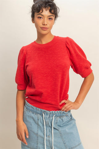 Red Puff SS Crew Neck Top