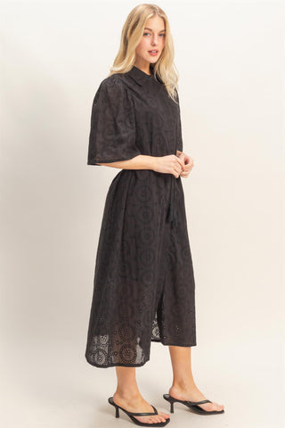 Eyelet Collared Midi Dress