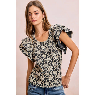 Floral Jacquard Ruffle Sleeve Knit Top