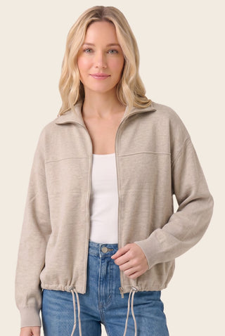 Zip Up Drawstring Hem Mock Neck Sweater Jacket