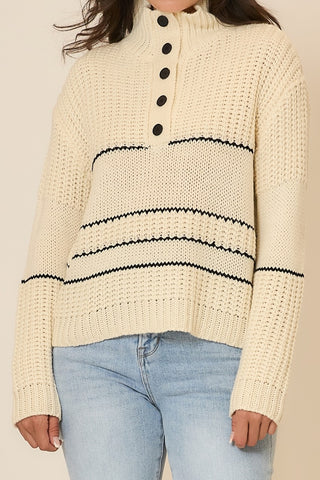 Curvy Contrast Stripe Button-Up Knit Sweater