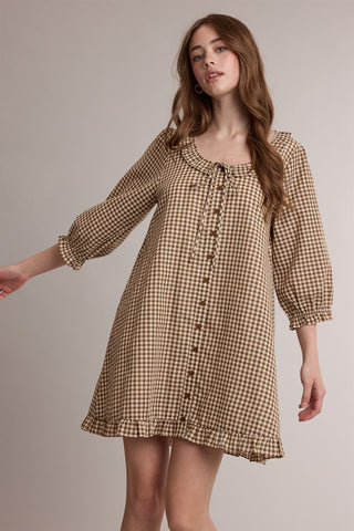 Gingham Tie Neck Ruffle Mini Dress