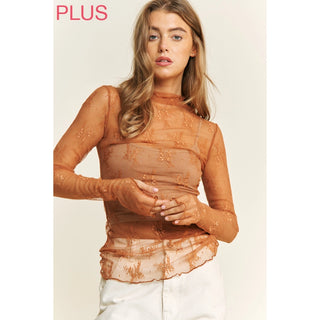 Curvy Mesh Lace High Neck LS Top