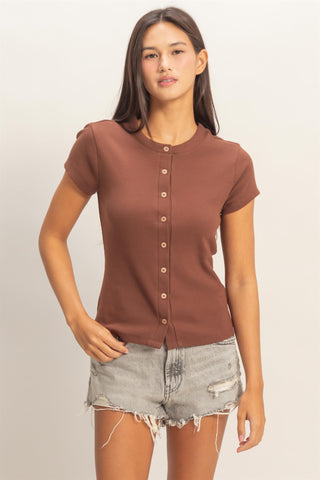 Ribbed Button-front Crew Neck Top
