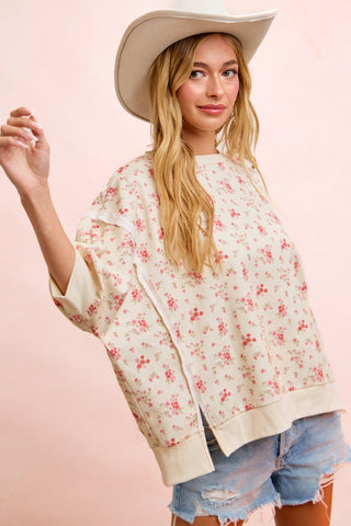 Open Seam Detail Twill Floral Top