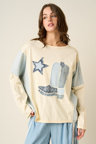 Cream Denim Western Cowboy Boot Star Patchwork Long Sleeve Top