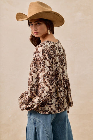 Printed Front Tied Top w/Balloon Sleeve
