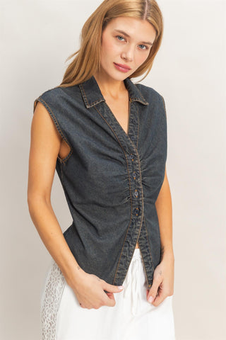 Sleeveless Denim Button-up Top