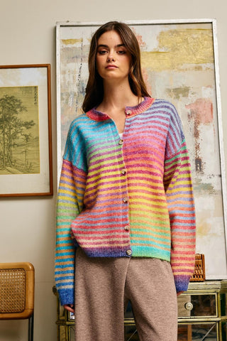 Space-Dye Striped Button-Down Cardigan
