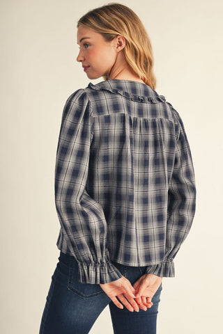 Ruffle Detail Button Down Plaid Top