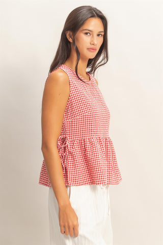 Gingham Sleeveless Peplum Top W/Side Ties