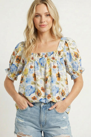 Sq Neck Smocked Floral Print Top | JQ Clothing Co.