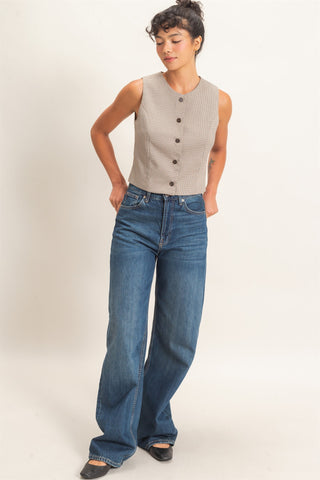 Brown Houndstooth Button-Front Vest