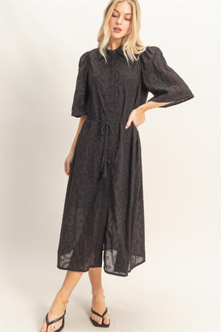 Eyelet Collared Midi Dress