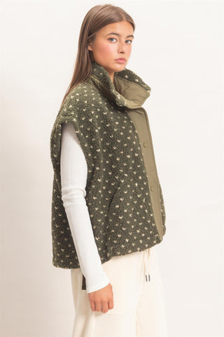 Polka Dot Sherpa Button-Front Sleeveless Vest