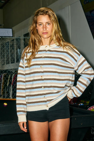 Cream & Blue Multi-Stripe Crewneck Cardigan