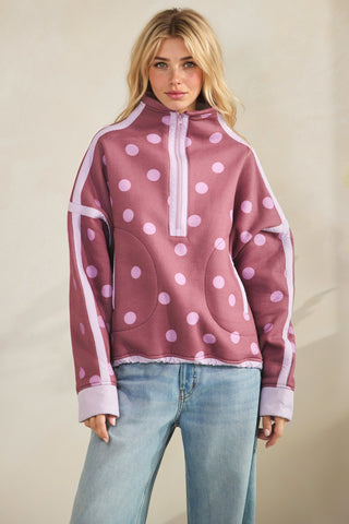 Polka Dot Contrast Half-Zip Pullover w/Pockets