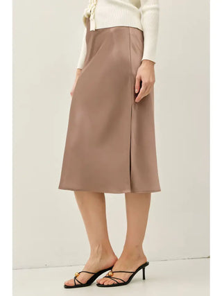Silky Satin Midi Skirt with Elastic Waistline in Taupe