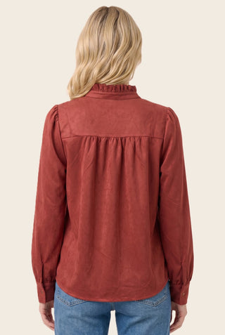 Frilled Half Button Neck Suede Blouse