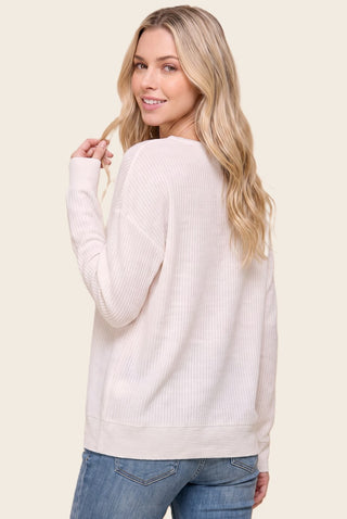 Split Neck Mini Waffle Knit Pullover Sweater