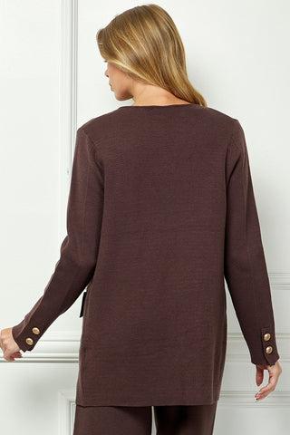 Gold-Button Accent Open-Front Cardigan