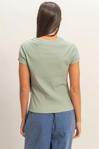Ribbed Button-front Crew Neck Top