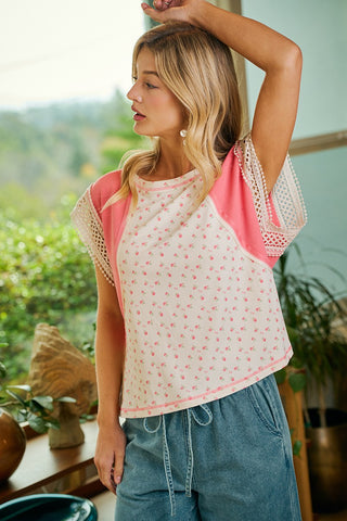 Floral Rib Knit with Crochet Trim Sleeves Top