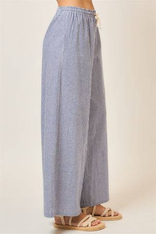 Curvy Pinstripe Wide Leg Pants W/Drawstring