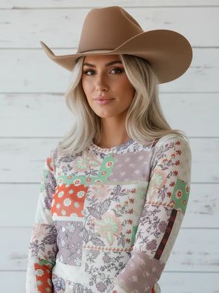 Floral Patchwork Mesh Mock Neck LS Top