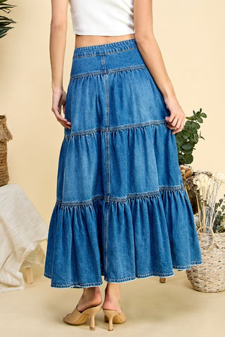 Front Button 3 Tiered Denim Skirt