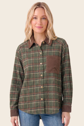 Olive Plaid Corduroy Contrast Button-Up Shirt with brown corduroy collar and pocket