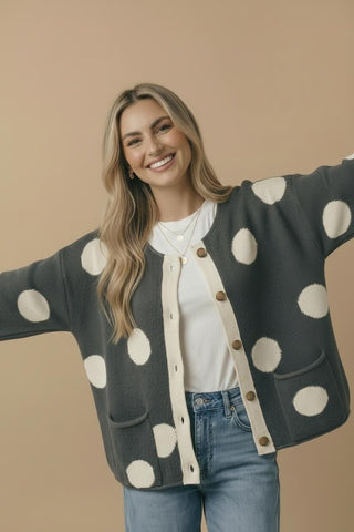 Curvy Button-Down Polka Dot Cardigan