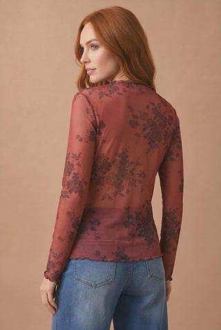 Floral Mesh High Neck Frilled Hem Top