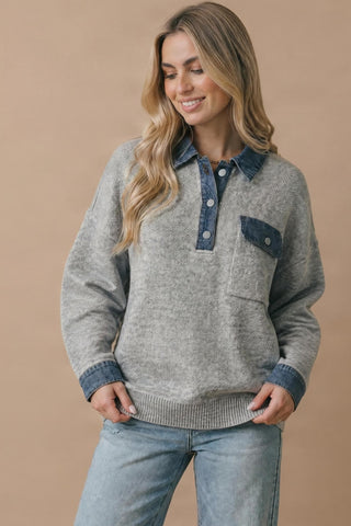 Curvy Polo Denim Collar Oversized Knit Top