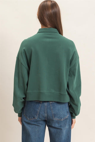 Washed Button-Front Collared Sweatshirt