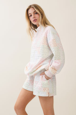 Patchwork Quilted Mock Neck Pullover